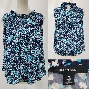 Espresso Womens Medium Floral Blues Gathered Sleeveless Stretch Keyhole Neck Top